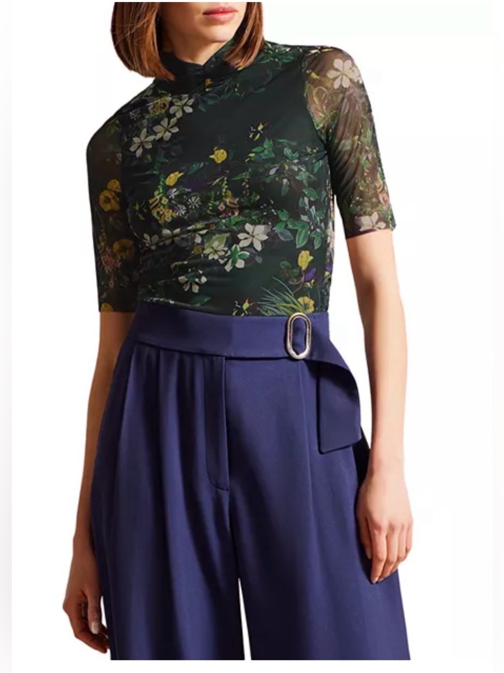 Ted Baker Sheer Floral Mock-Neck Top in Dark Green